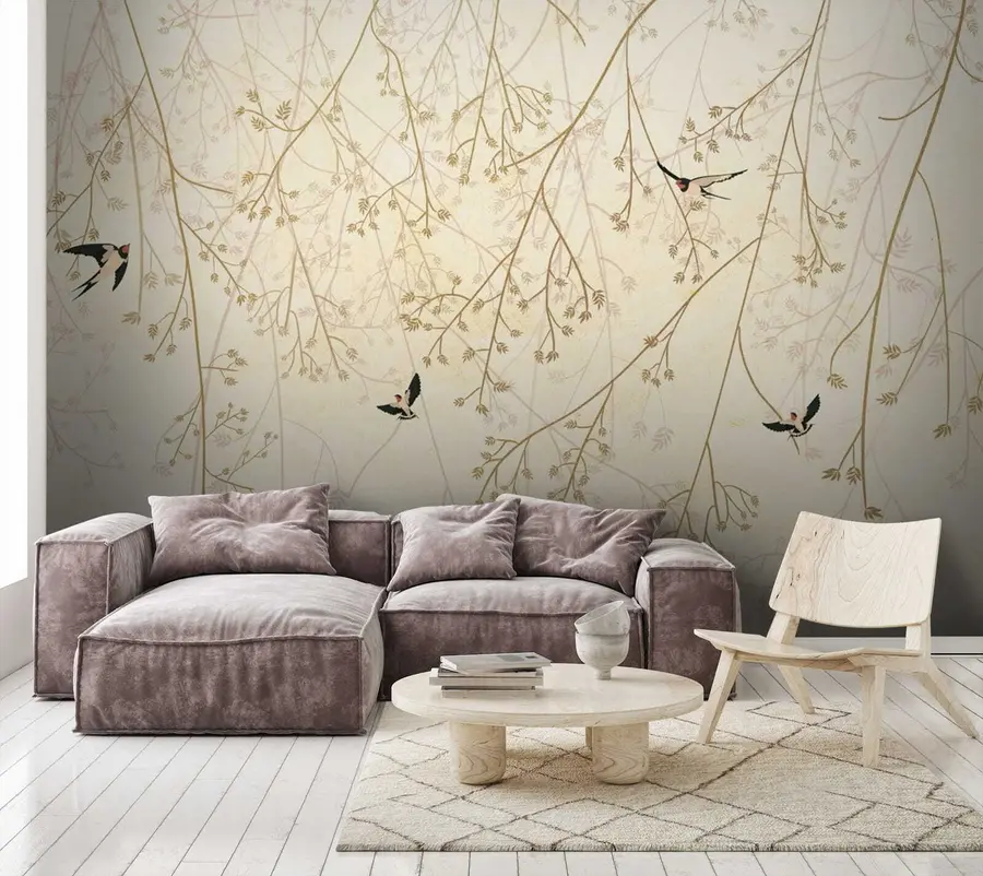 Wall Mural Photo Wallpaper Swallows among the branches in delicate shades in oriental style u79623