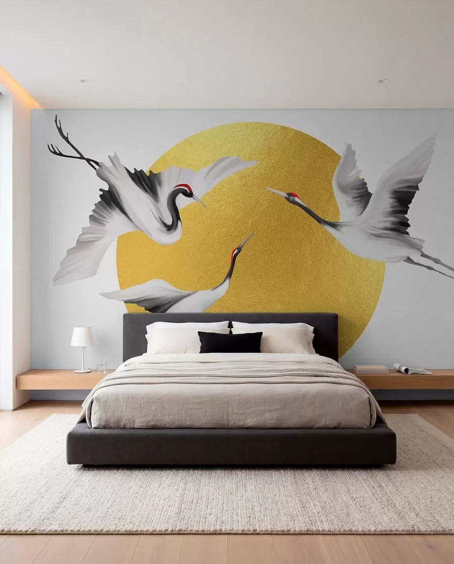 wall murals Cranes in flight before the solar circle u79625