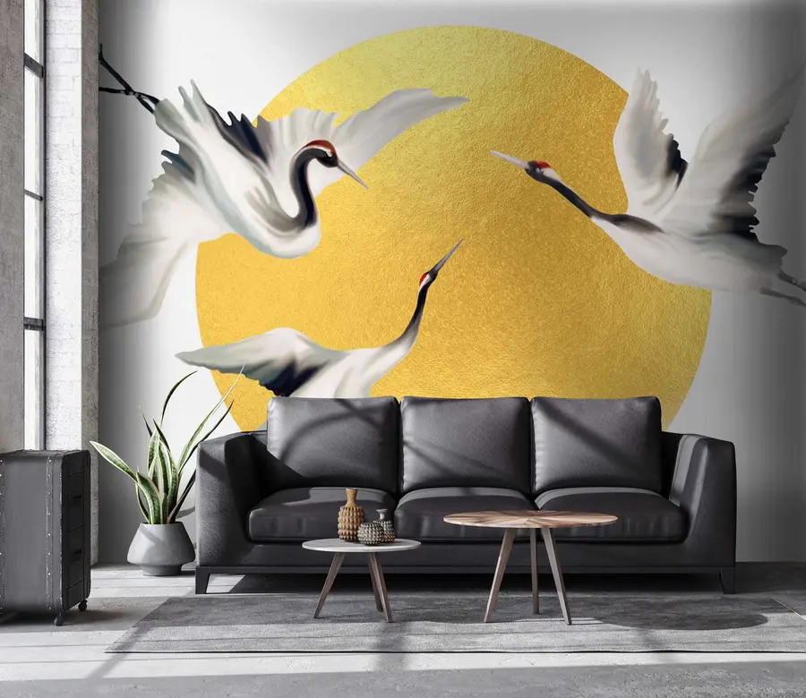 Wall Mural Photo Wallpaper Cranes in flight before the solar circle u79625
