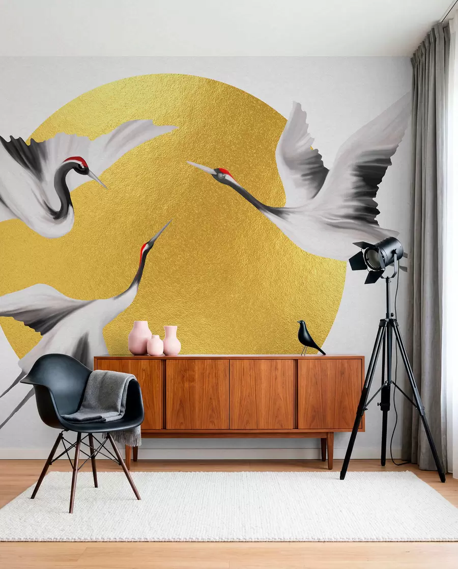 Wall Mural Photo Wallpaper Cranes in flight before the solar circle u79625