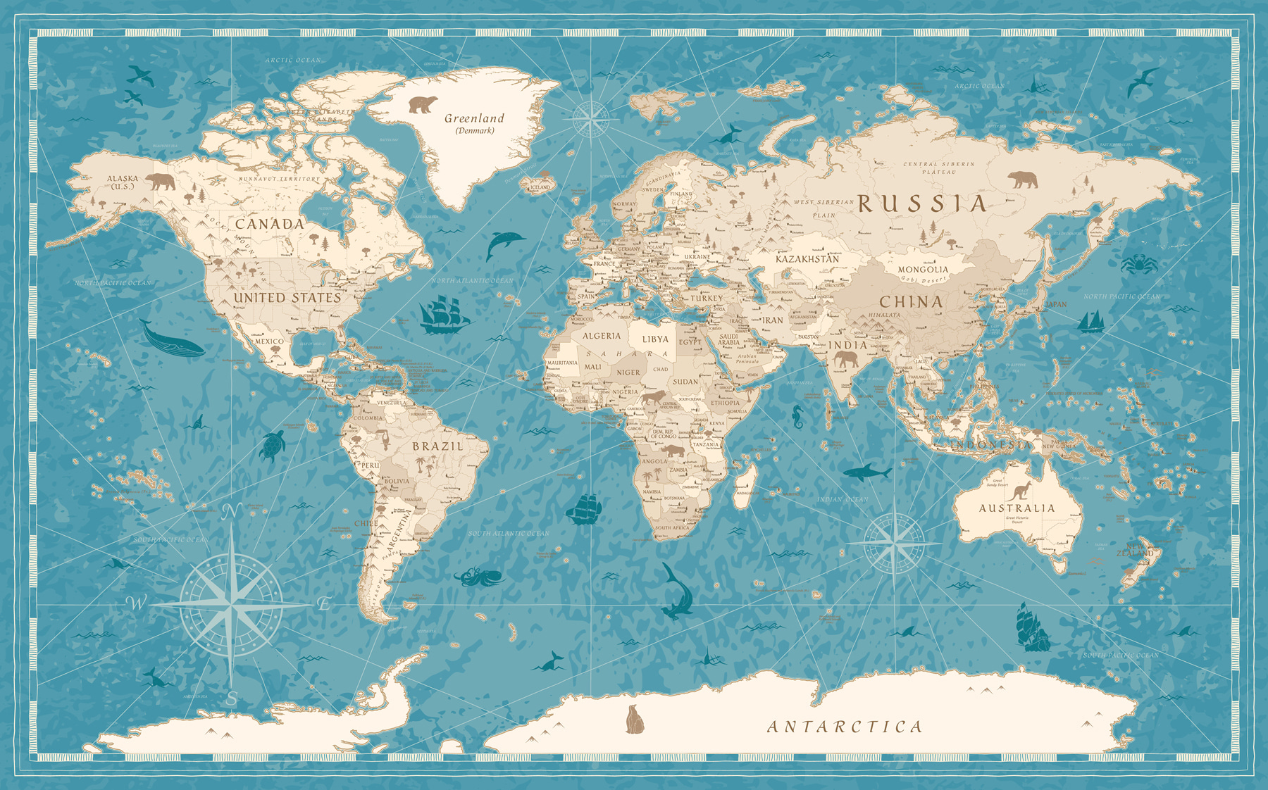 額装品/Old World Map Blue/ポスター Old World Map Blue – Decorus Art