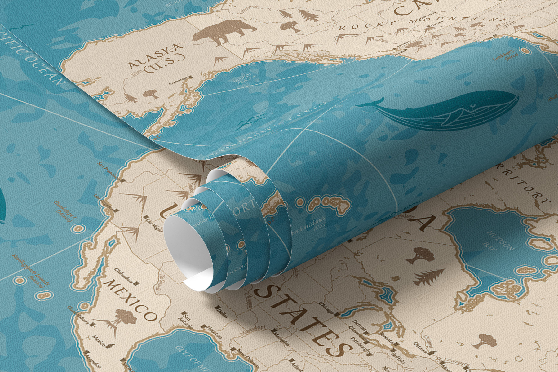 額装品/Old World Map Blue/ポスター Old World Map Blue' 3-piece Wrapped Canvas Graphic Art Print