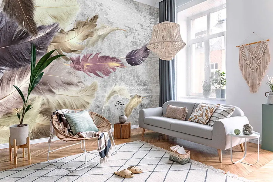 wall murals Color feathers on a concrete wall u21165