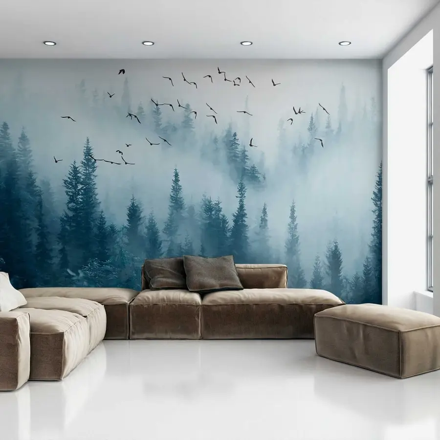 Wall Mural Photo Wallpaper Forest in fog and birds u22288