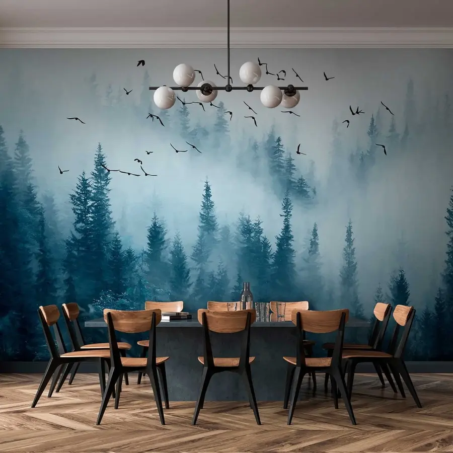 Wall Mural Photo Wallpaper Forest in fog and birds u22288