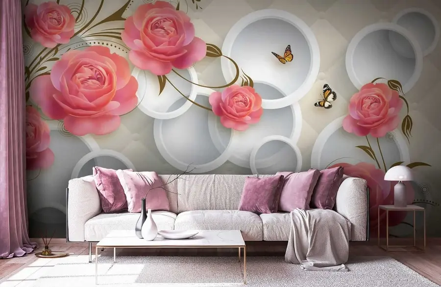 wall murals Pink roses and curls u22883