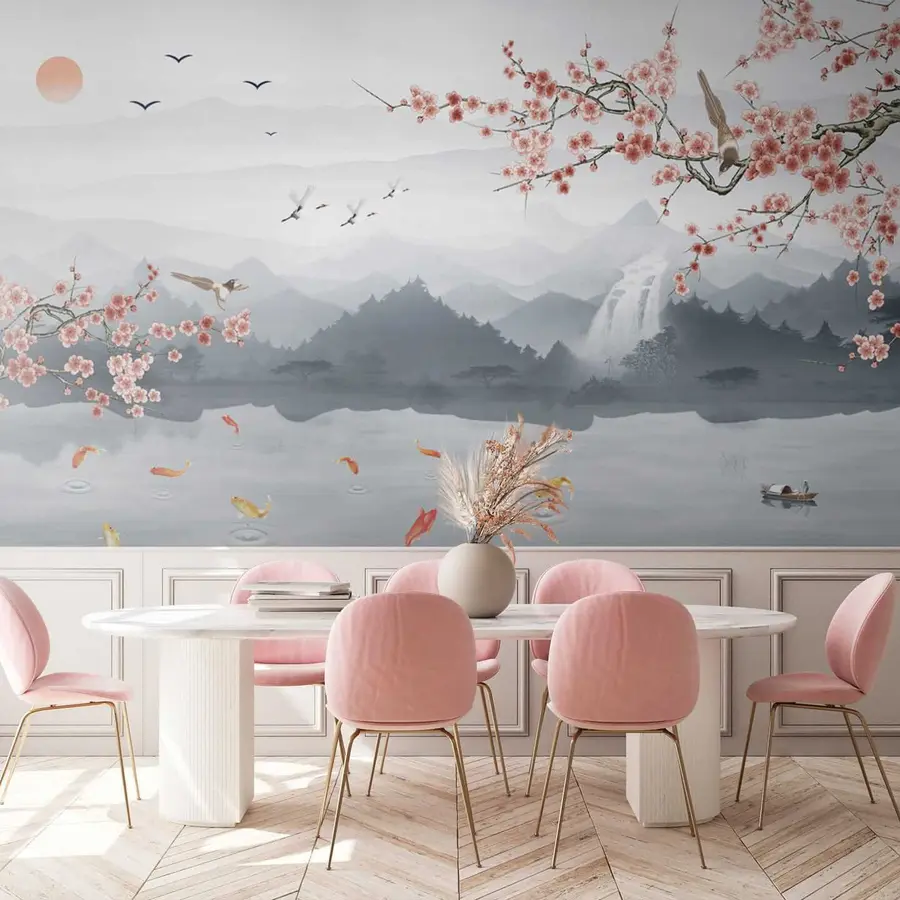 Wall Mural Photo Wallpaper Sakura on the background of the lake and mountains u28840