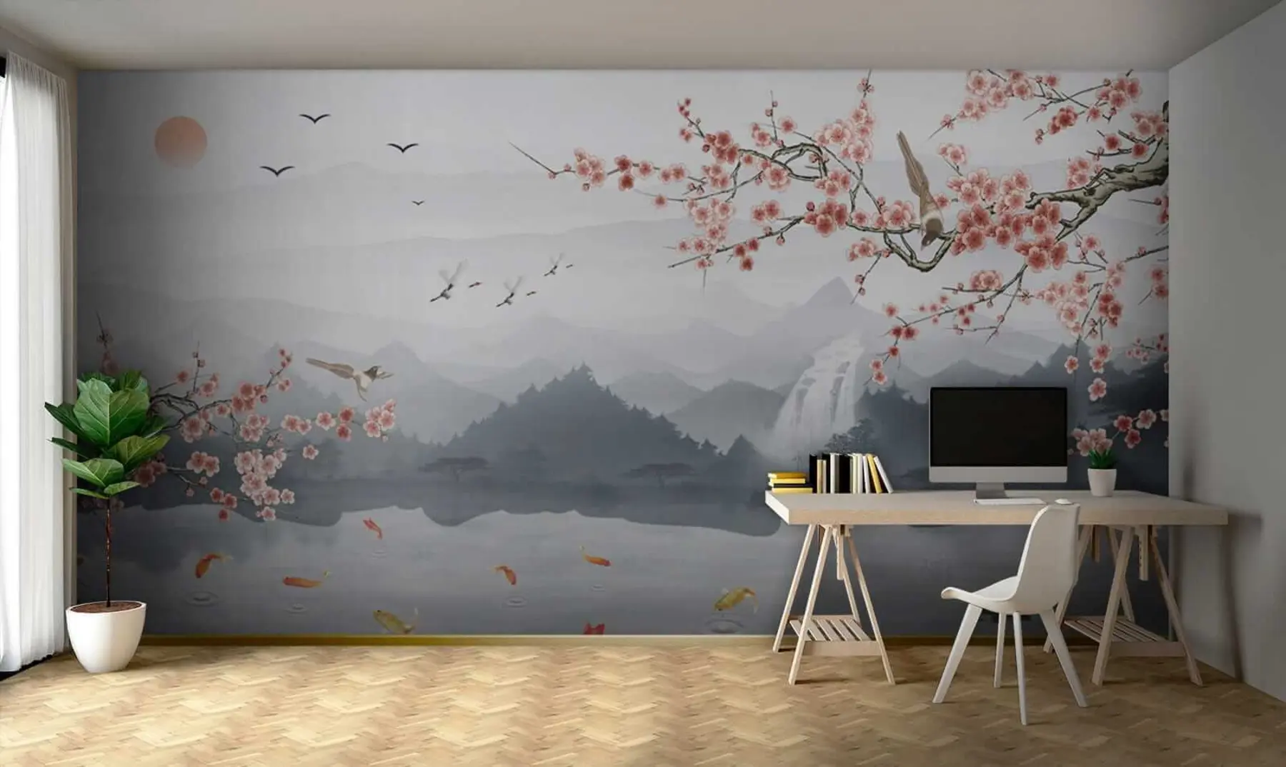 peintures murales Sakura sur fond de lac et de montagnes u28840