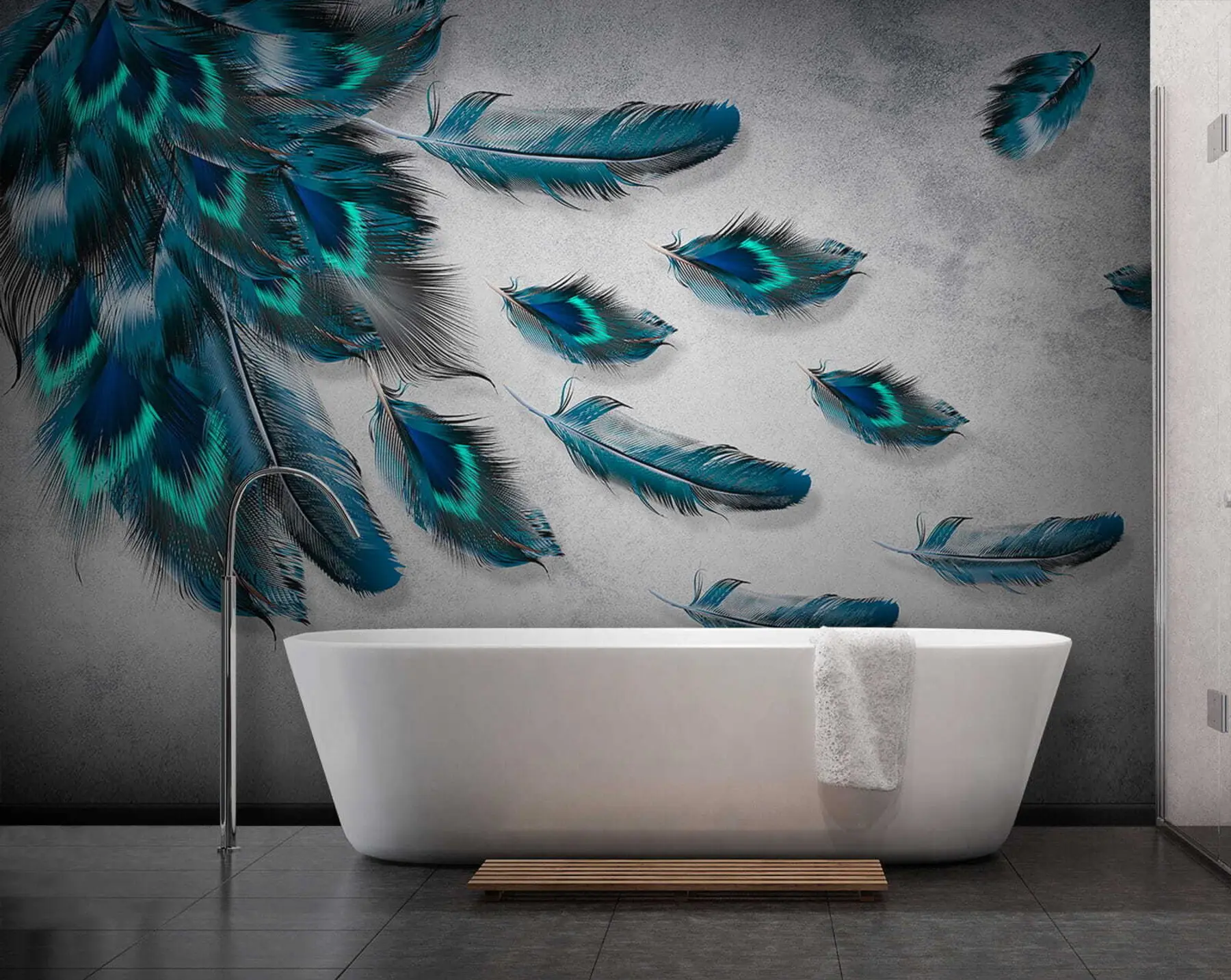 wall murals Peacock feathers on the background of the concrete wall u29836