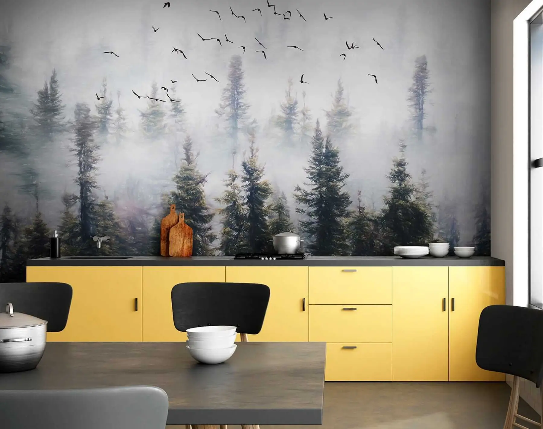 peintures murales Forêt de brume et oiseaux u32237