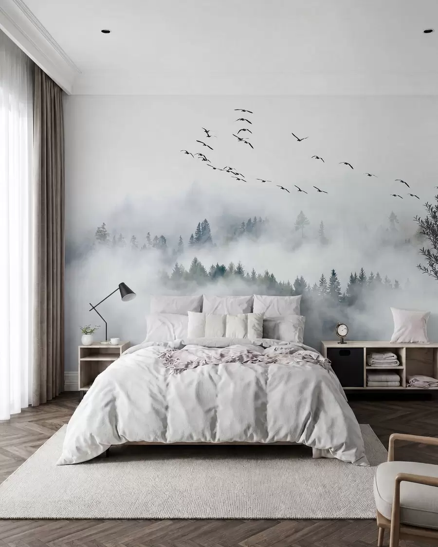 peintures murales Forêt de brume et oiseaux u32480