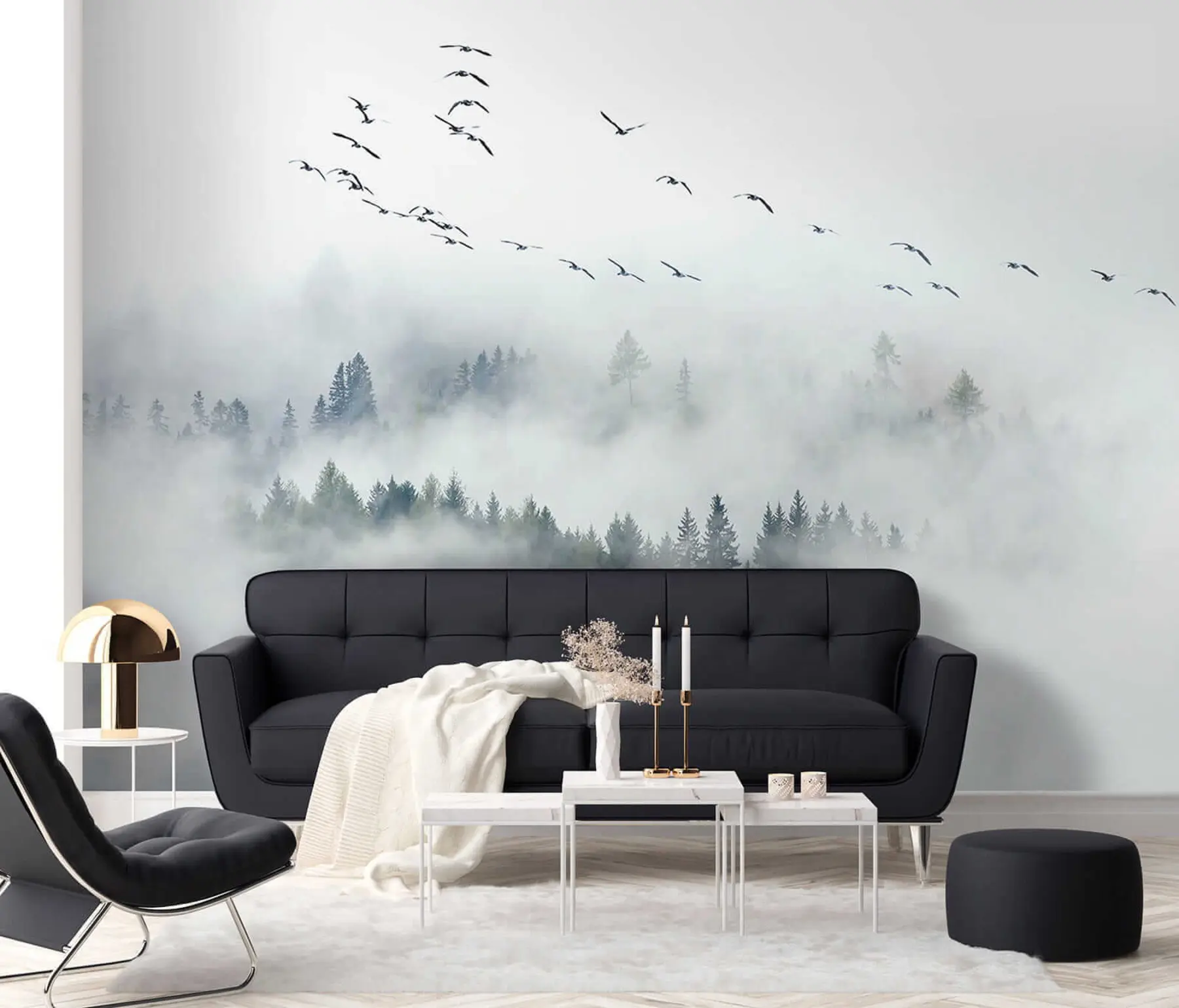 wall murals Fog forest and birds u32480
