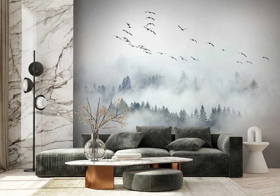 Wall Mural Photo Wallpaper Fog forest and birds u32480