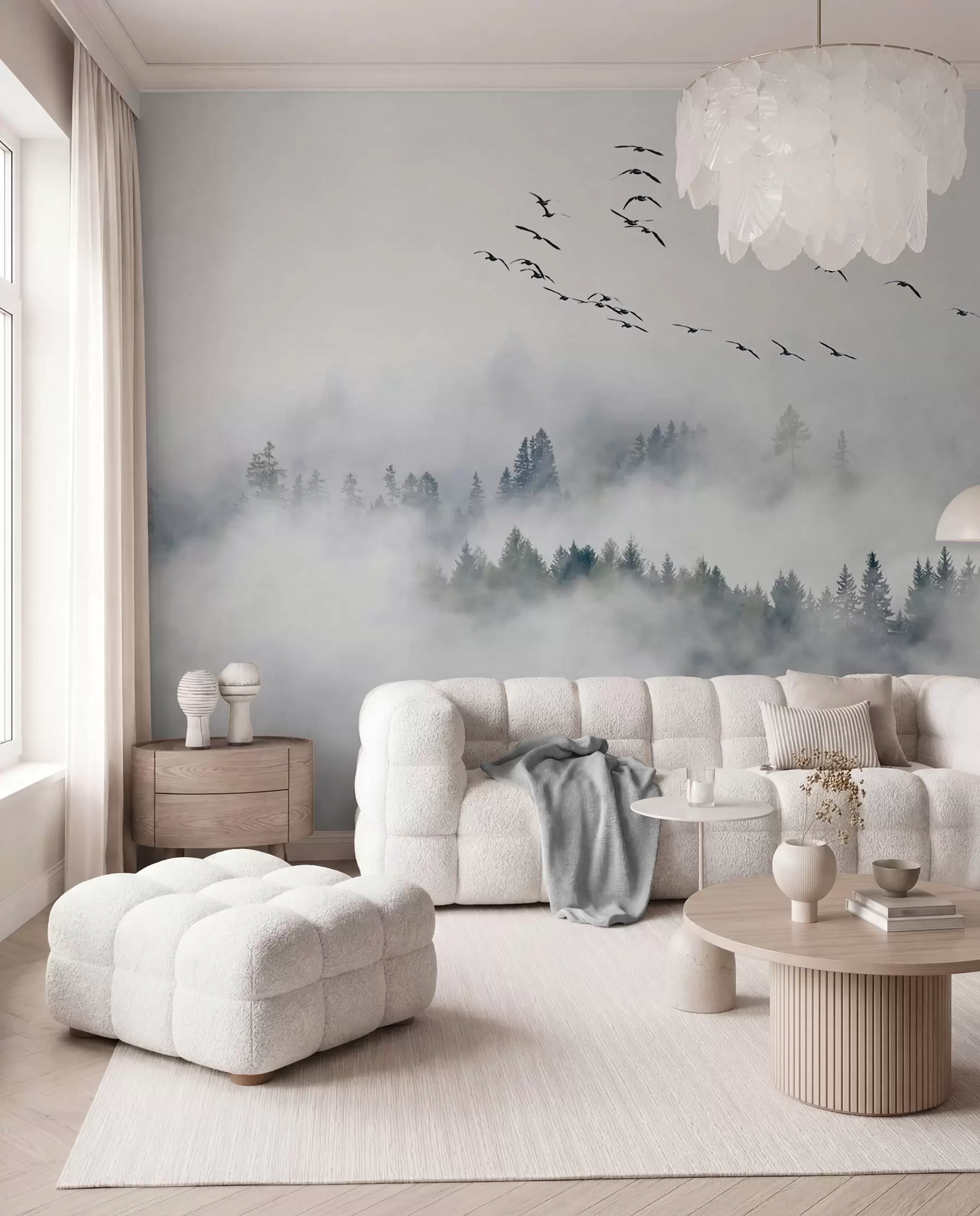 wall murals Fog forest and birds u32480
