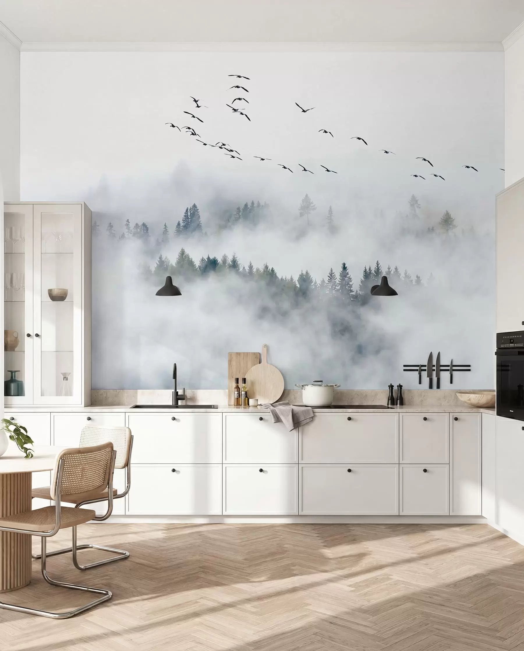 peintures murales Forêt de brume et oiseaux u32480