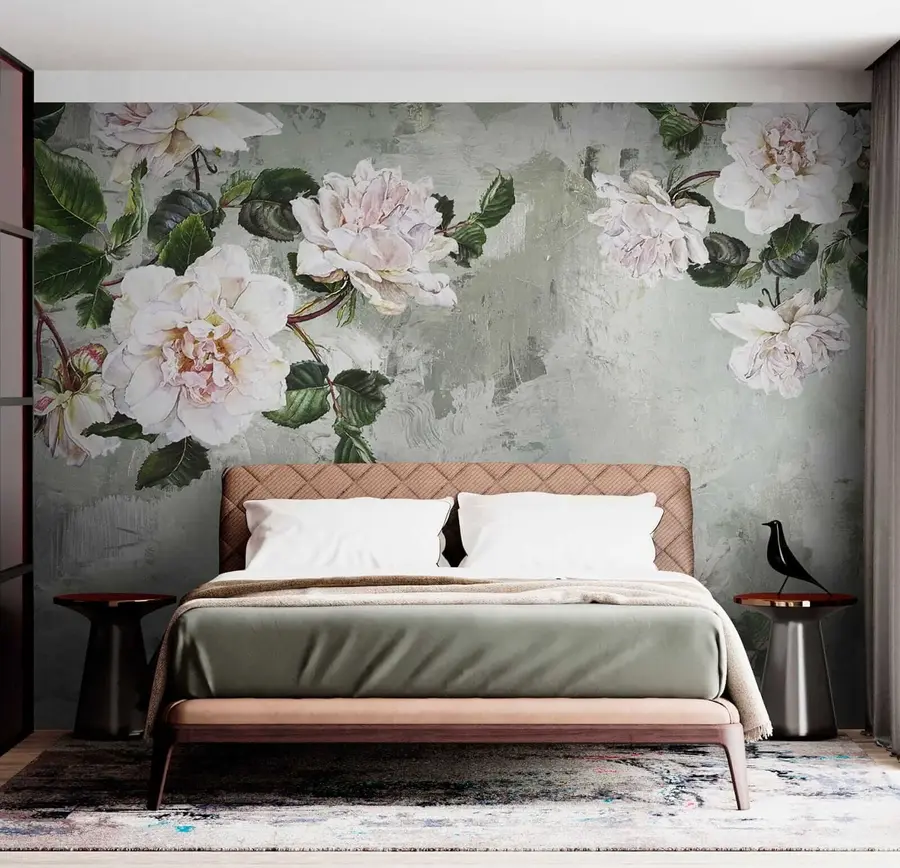 murales Ramas en flor sobre el fondo de una pared en mal estado u37301