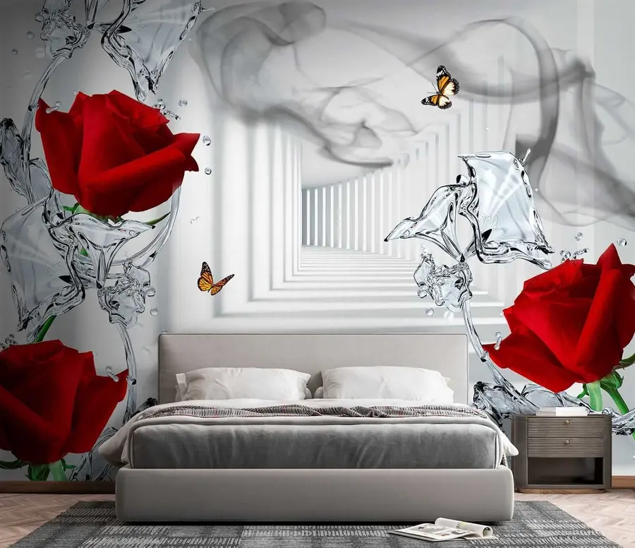 murales Rosas rojas y salpicaduras de agua u41092