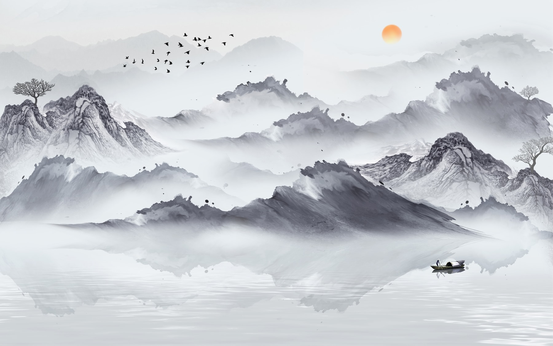 Wall Murals Forest Mountains in Japanese style. Ink drawing Nr