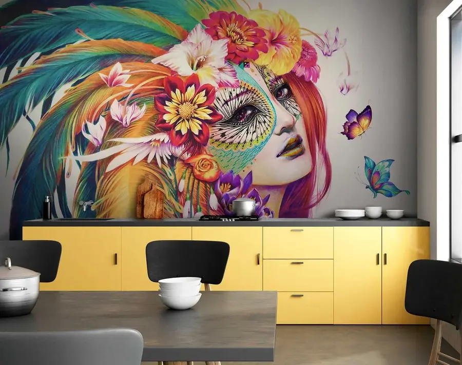 murales Niña con plumas y flores u46277