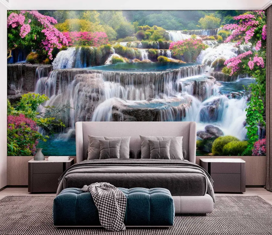Wall Mural Photo Wallpaper Waterfall and flowering trees u60065
