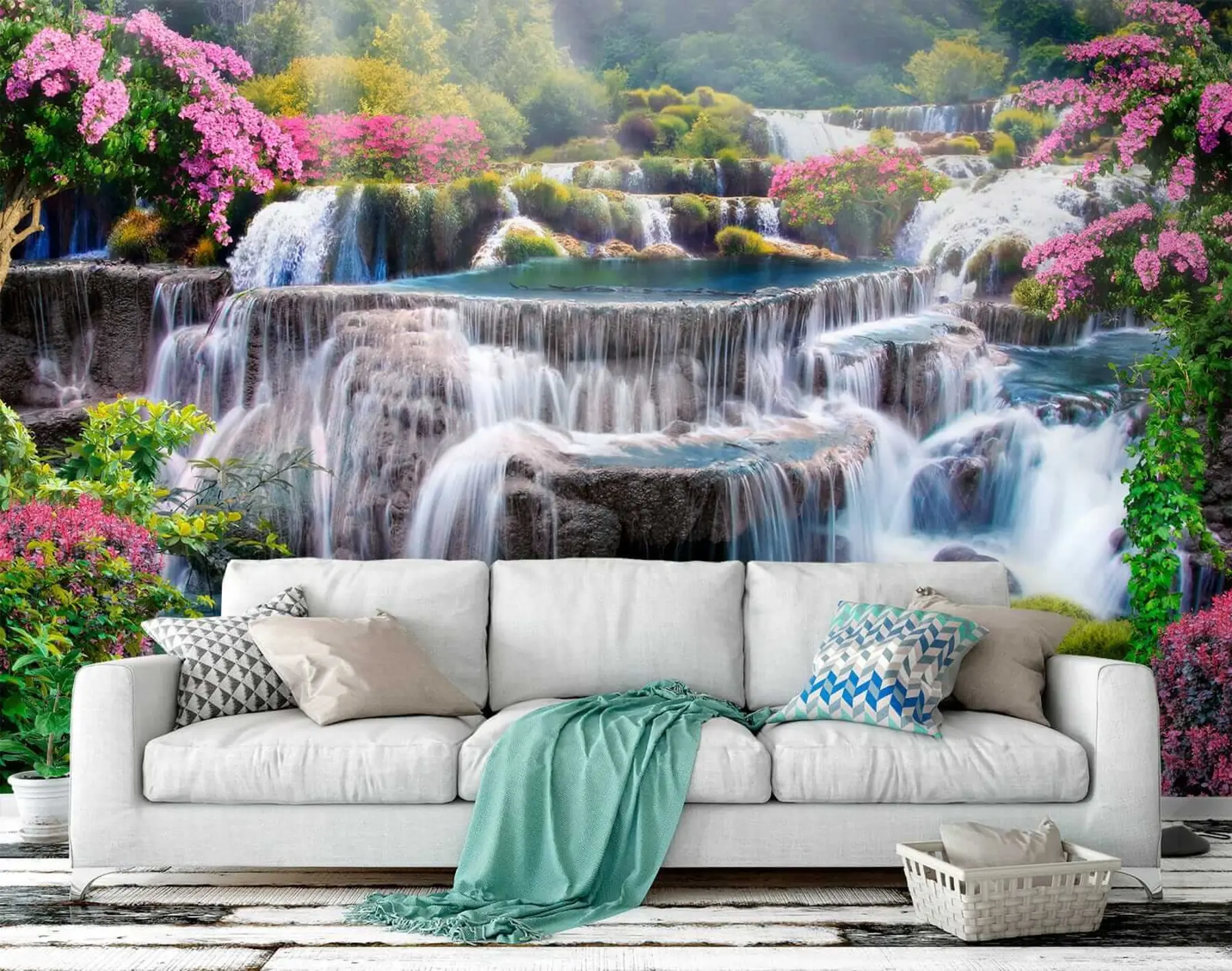 Wall Mural Photo Wallpaper Waterfall and flowering trees u60065