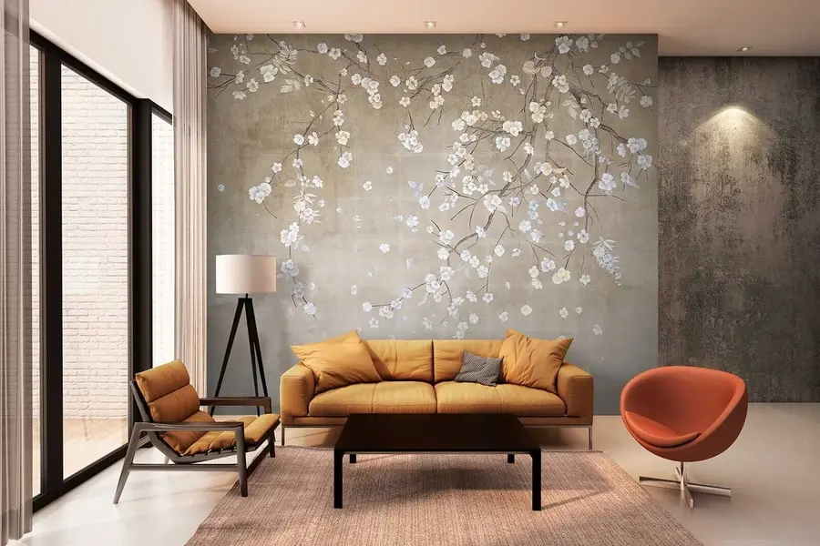 Wall Mural Photo Wallpaper Flowering tree on a shabby wall u61369