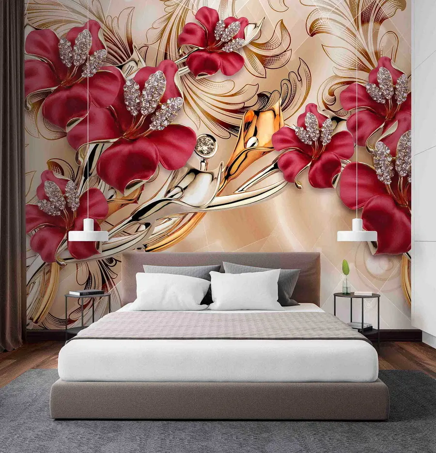peintures murales Lys rouges avec effet 3D u70604