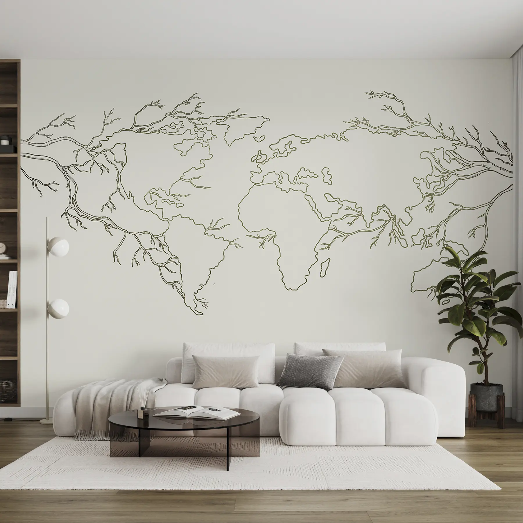 Wall Mural Photo Wallpaper World Map, tree branches, line drawing, minimalism, nature, green u99731v1