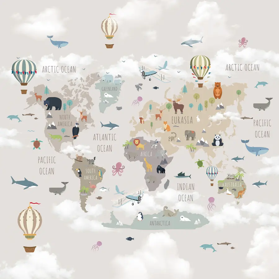 peintures murales Carte du monde avec animaux et ballons u96461d1