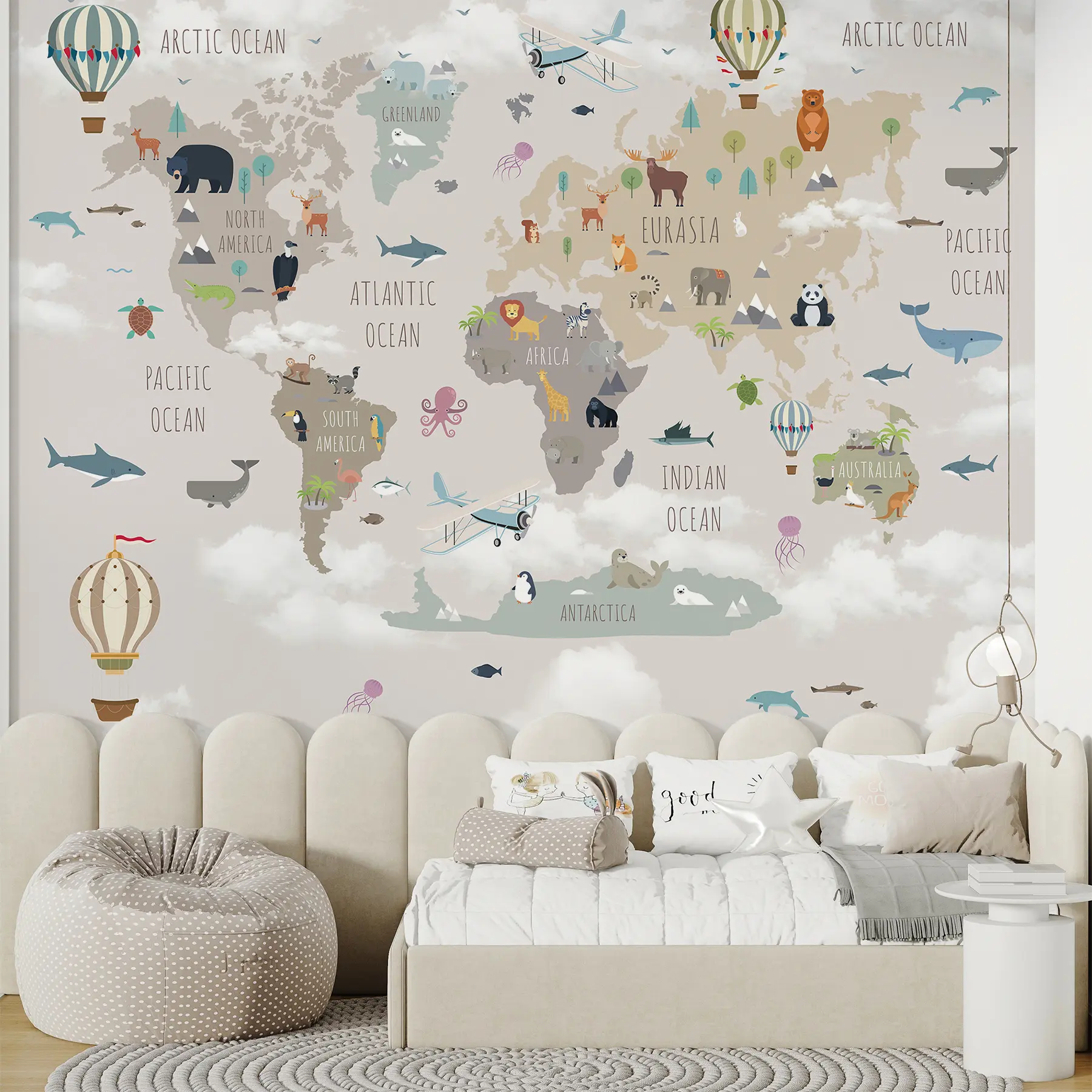 Wall Mural Photo Wallpaper World map with animals and balloons u96461d1