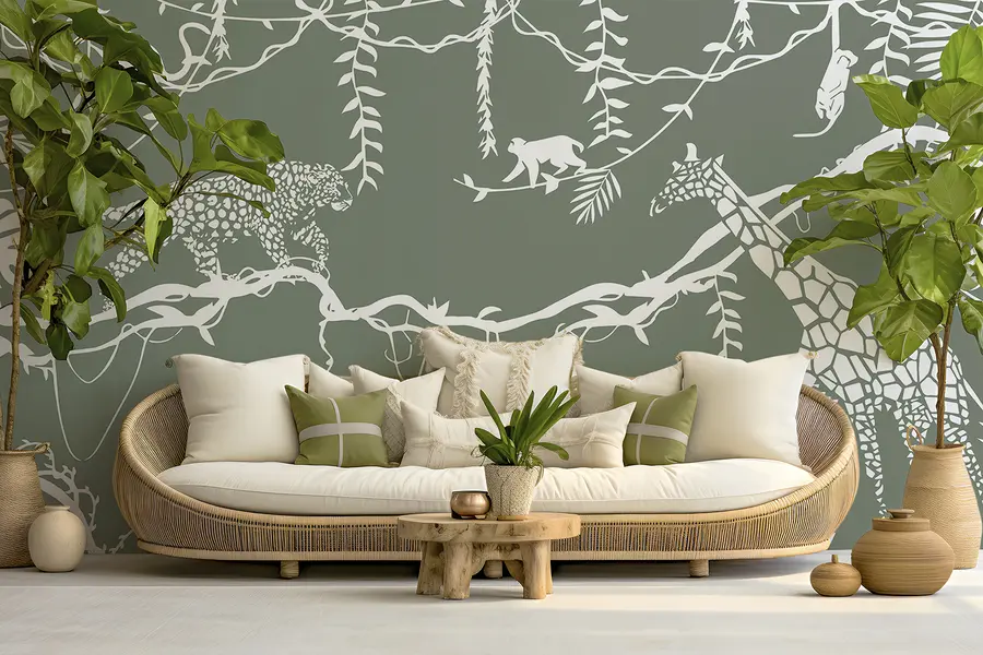 murales Arte abstracto de la selva, lianas, leopardo, jirafa, monos, palmeras, monstera, verde y blanco w00087v1