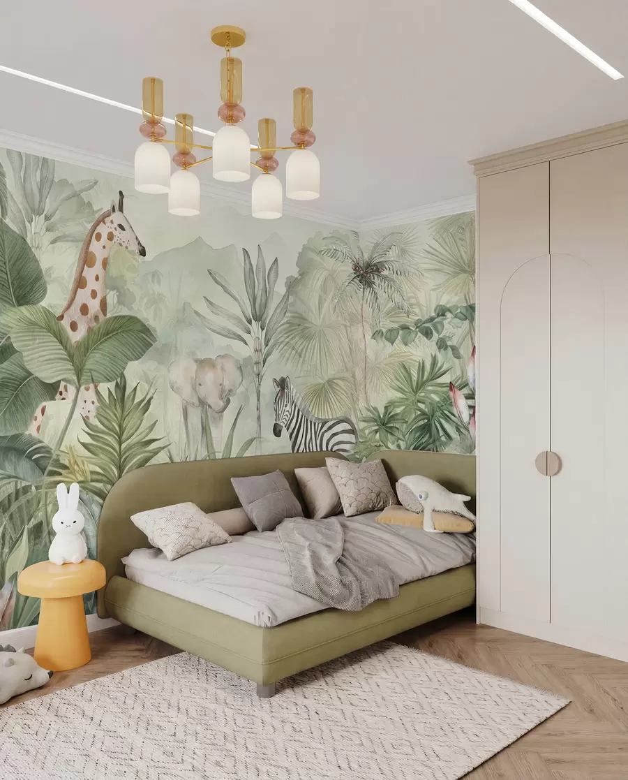 peintures murales Jungle forestière, palmiers, girafe, éléphant, zèbre, aquarelle, verdure, bananier, fleurs w00089