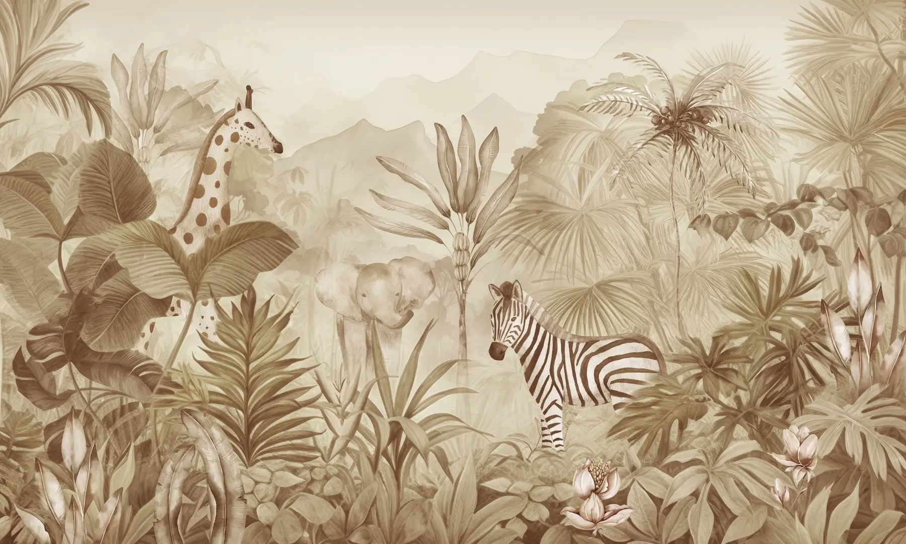 Wall Mural Photo Wallpaper Jungle forest, palm trees, giraffe, elephant, zebra, watercolor, beige color, banana tree, flowers w00089v1