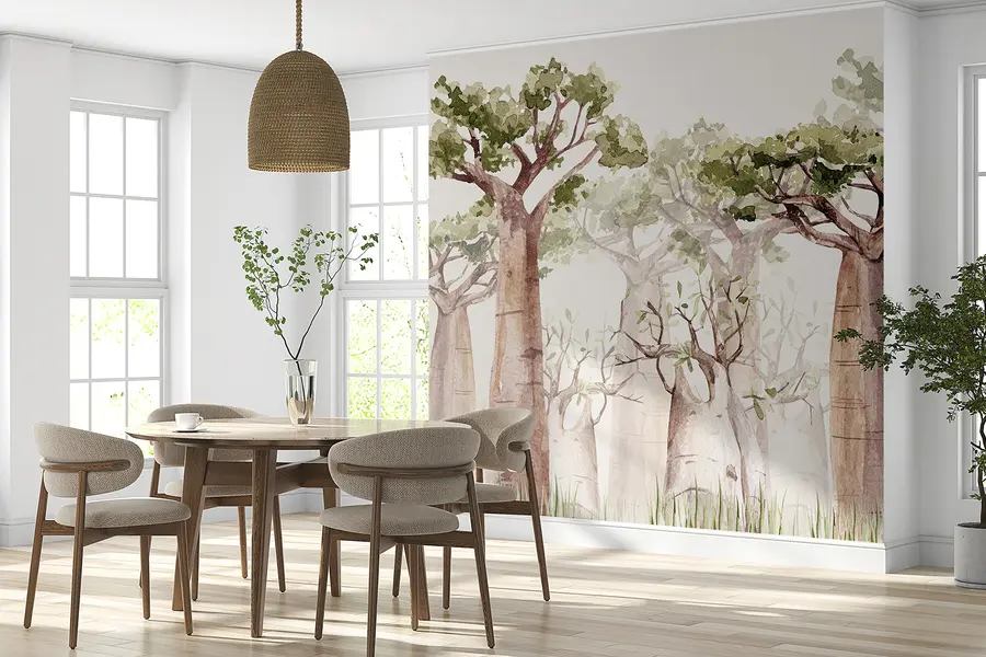 Wall Mural Photo Wallpaper Baobab tree, safari theme, tree forest, beige and green colors w00082