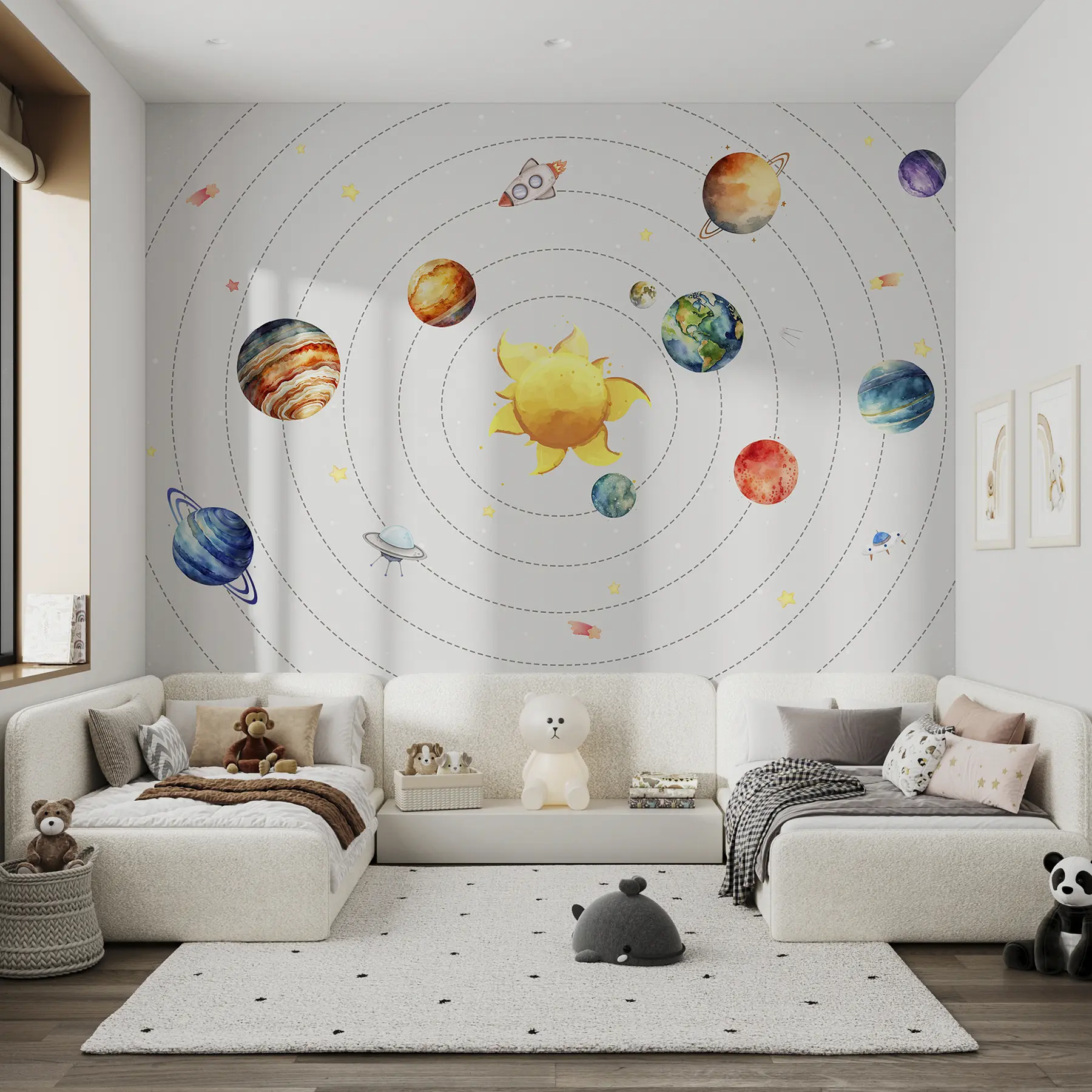 wall murals Solar system, planets, sun, rocket, ufo, satelite, stars, white background w00214