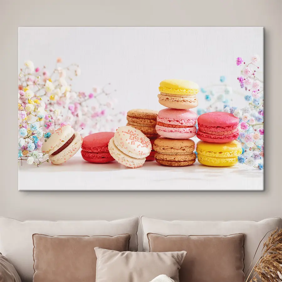 murales Macarons coloridos con delicadas flores s37757