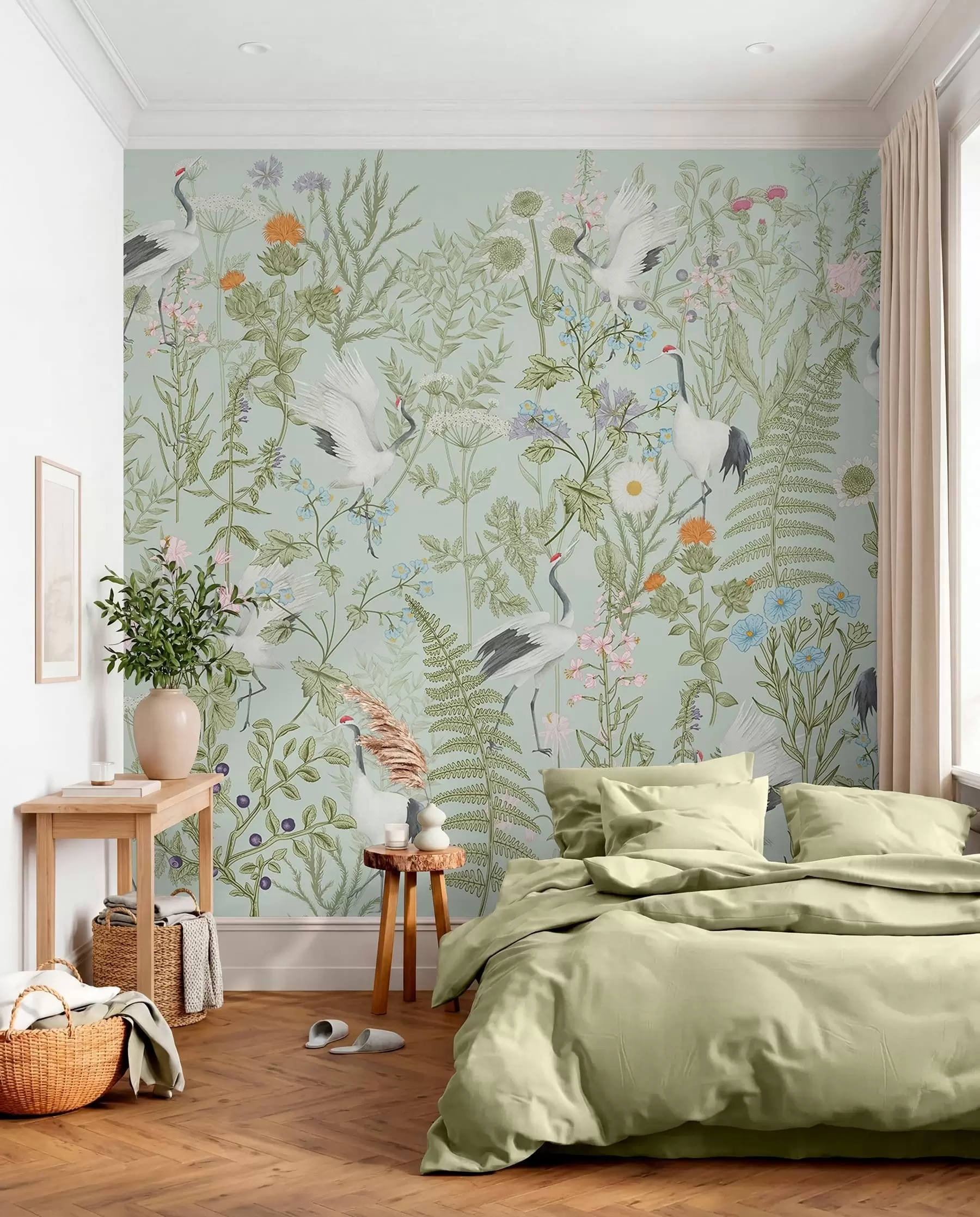 peintures murales Ornement de fleurs avec oiseaux, style rustique, botanique, prairie, fond bleu w00380v4