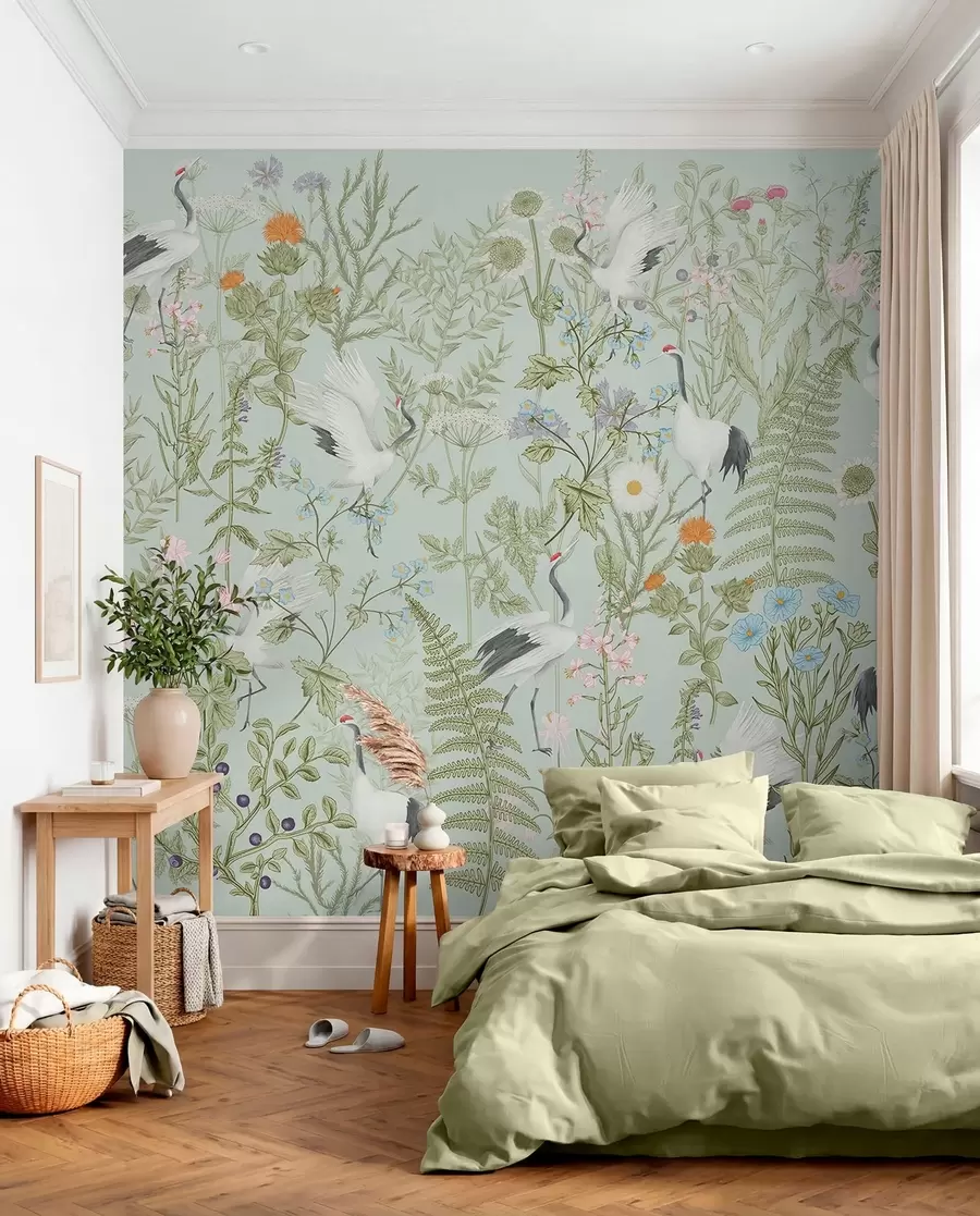 Wall Mural Photo Wallpaper Flowers ornament with birds, rustic style, botanical, meadow, blue background w00380v4