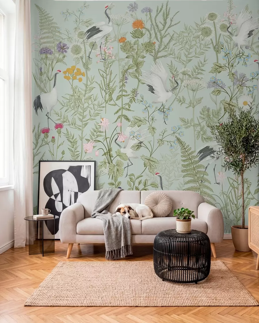 Wall Mural Photo Wallpaper Flowers ornament with birds, rustic style, botanical, meadow, blue background w00380v4