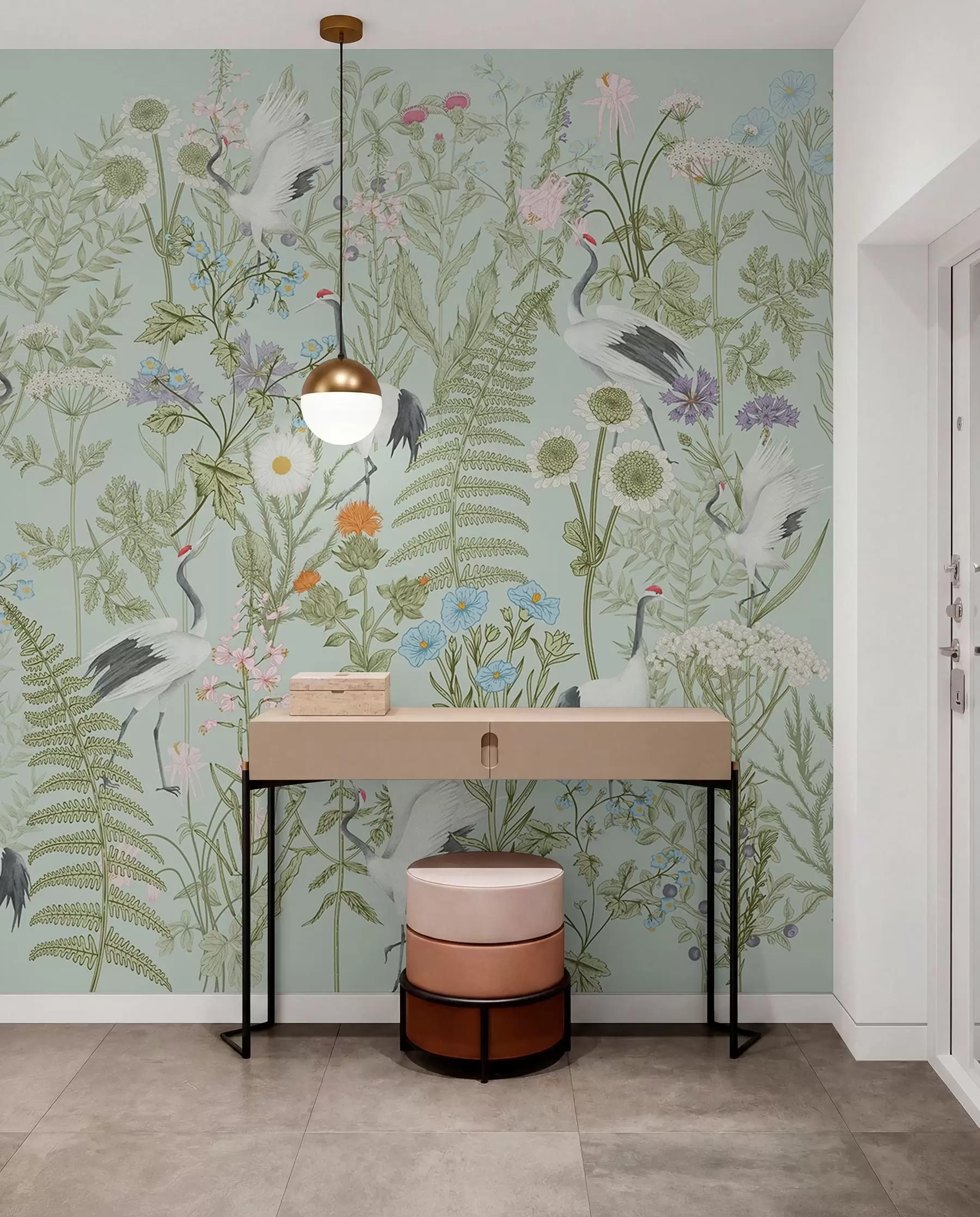 peintures murales Ornement de fleurs avec oiseaux, style rustique, botanique, prairie, fond bleu w00380v4