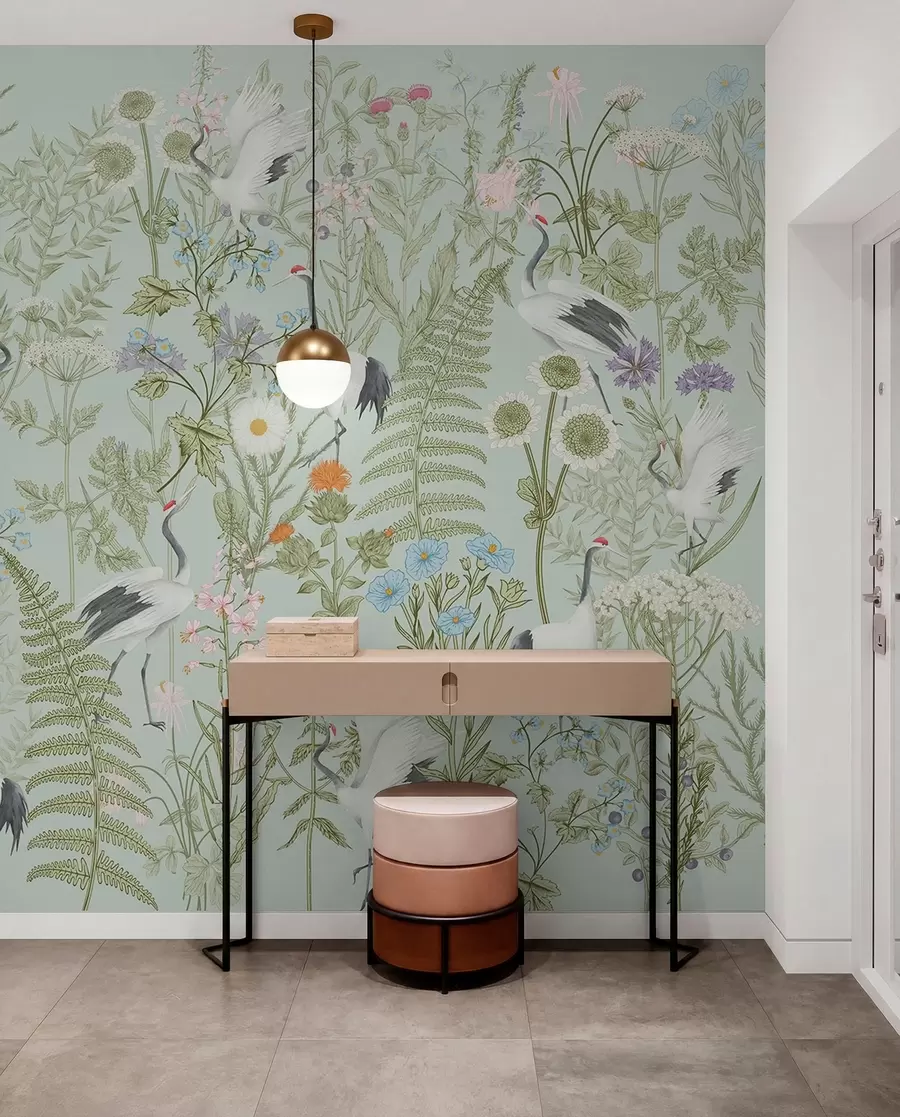 peintures murales Ornement de fleurs avec oiseaux, style rustique, botanique, prairie, fond bleu w00380v4