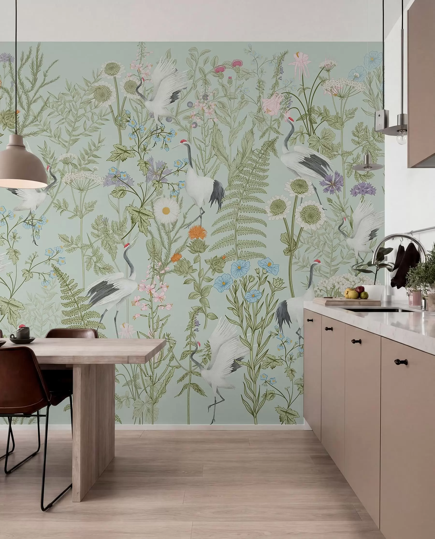 wall murals Flowers ornament with birds, rustic style, botanical, meadow, blue background w00380v4