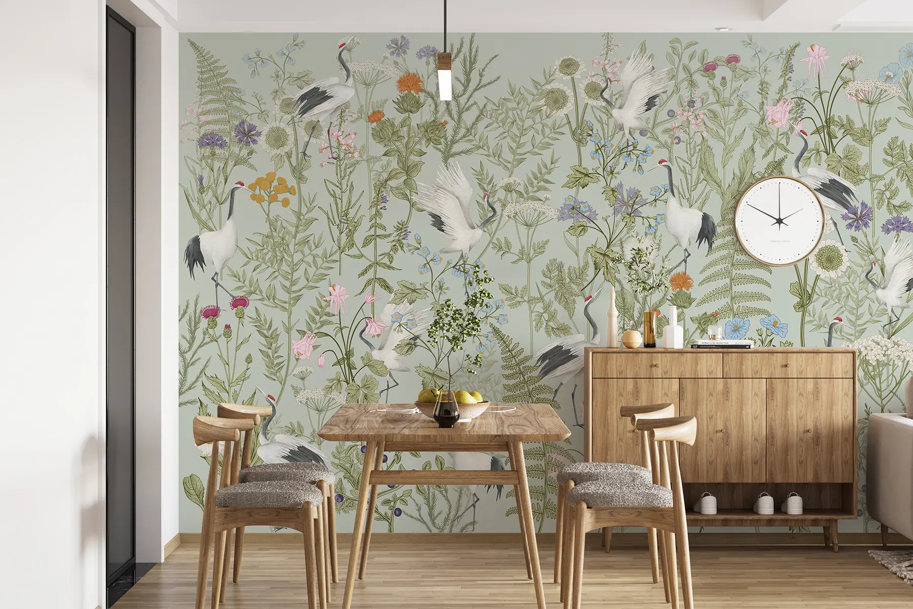 Wall Mural Photo Wallpaper Flowers ornament with birds, rustic style, botanical, meadow, blue background w00380v4