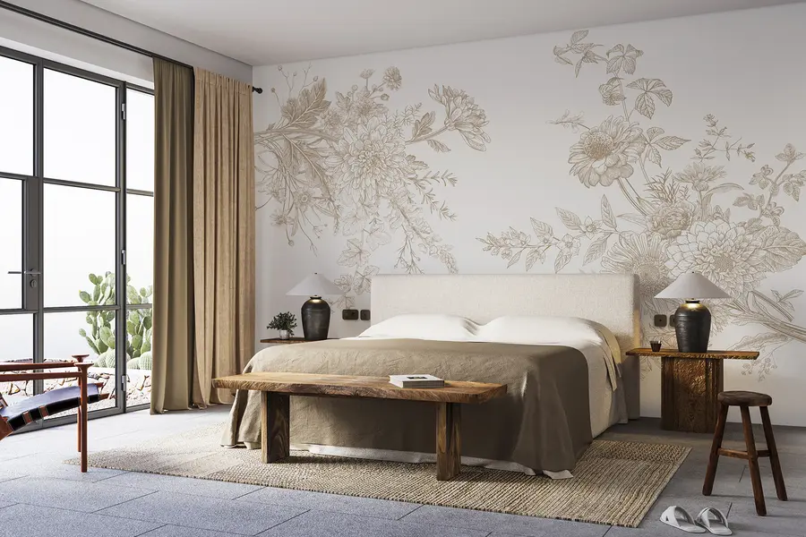 murales Adorno floral, minimalismo, arte lineal, estilo boho, rústico, peonía, margarita, colores beige, prado w00381v4