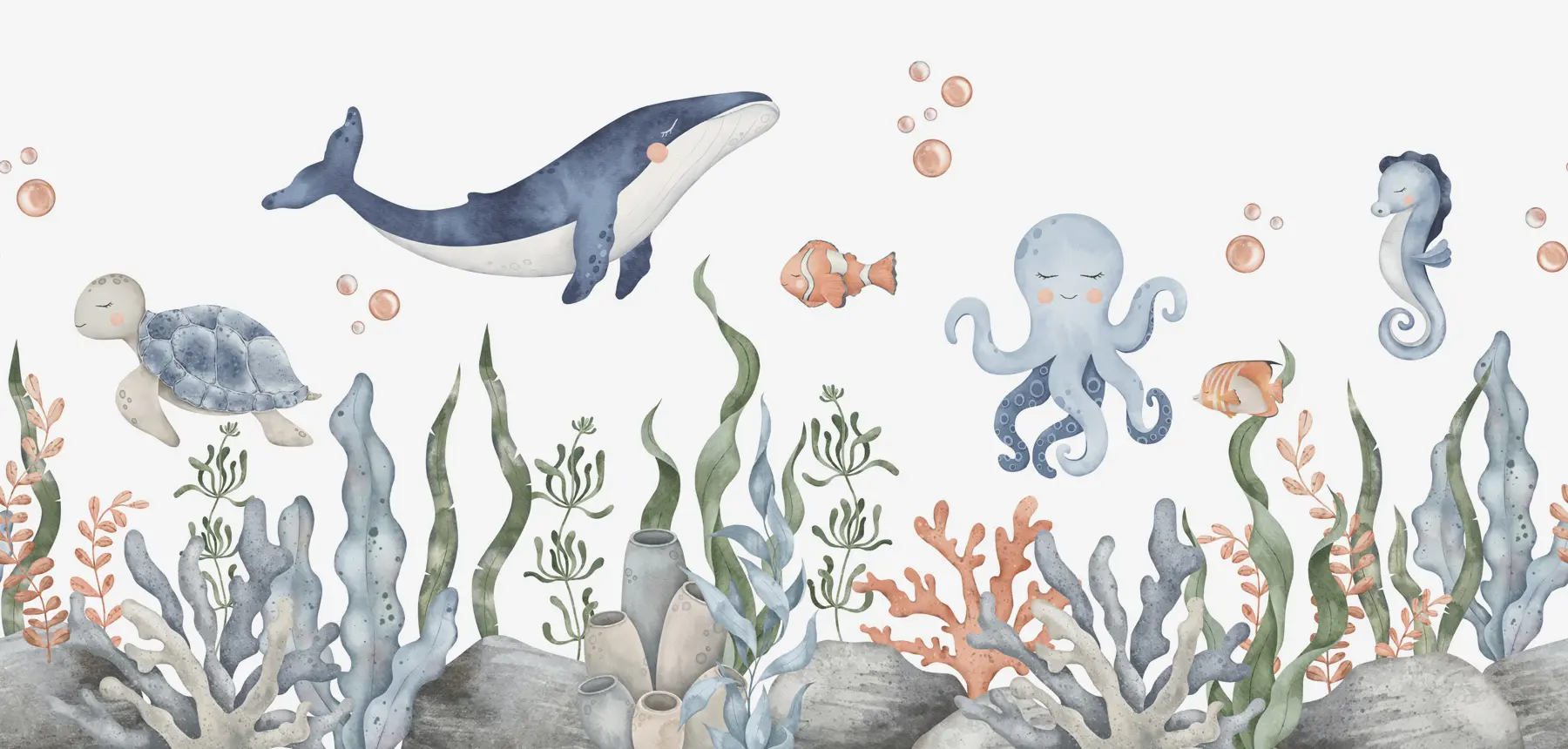 murales Mundo submarino con ballenas, pulpos y tortugas w00383