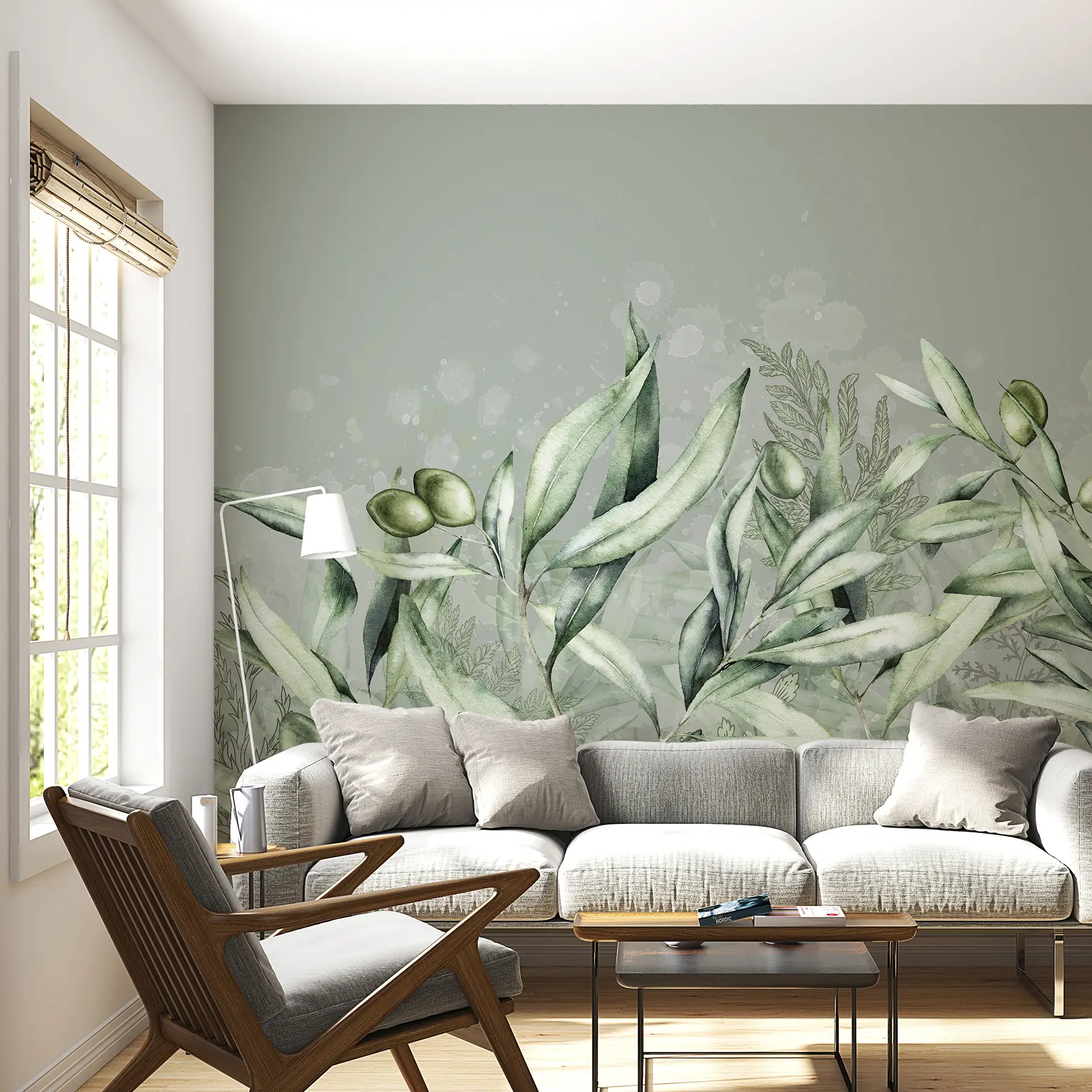 peintures murales Illustration d'olives, design floral, tropical, aquarelle, grandes feuilles, couleurs vertes w00407