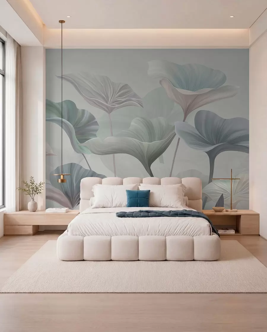 peintures murales Magnifiques grandes feuilles de couleur bleue w00385v2