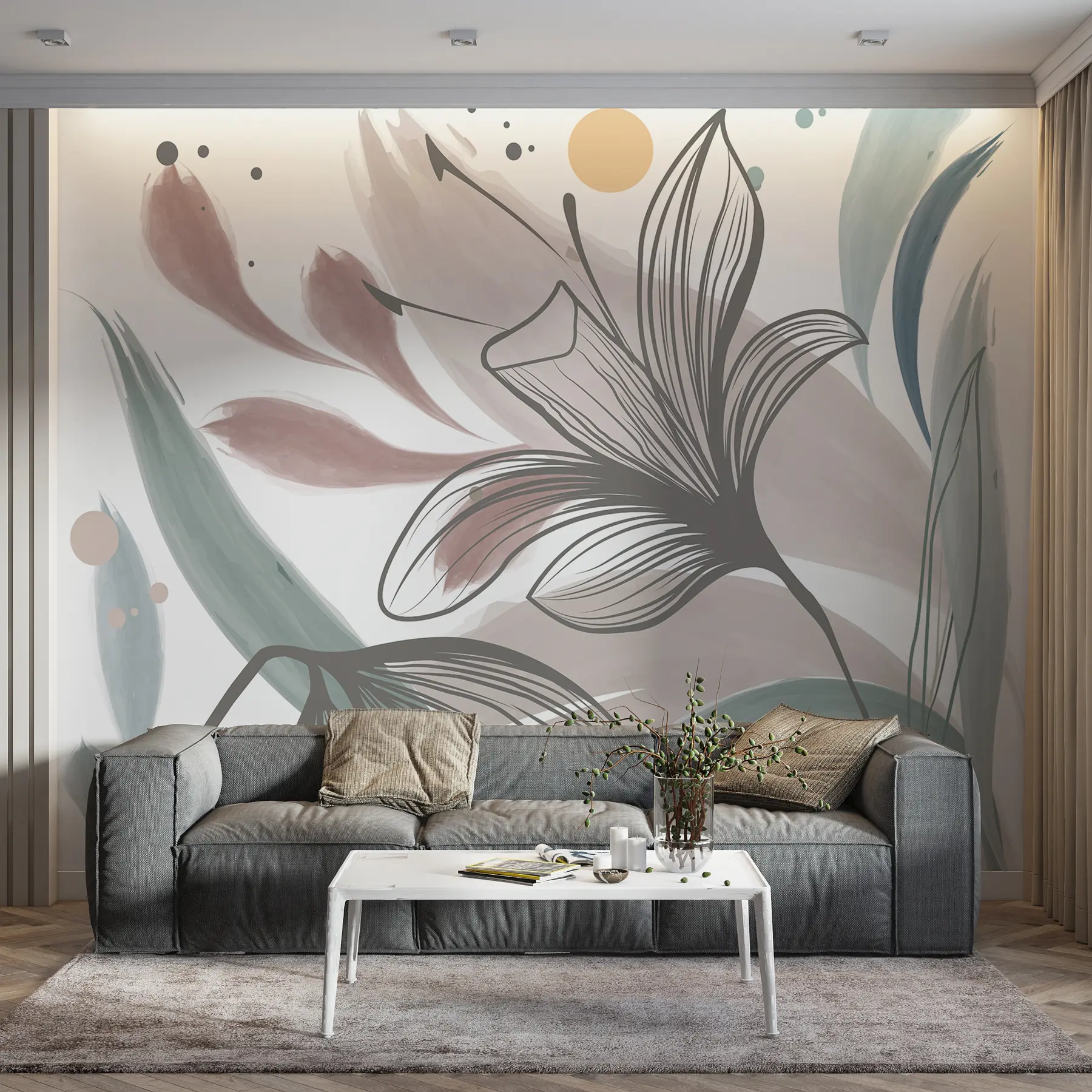 peintures murales Deux grandes fleurs sur fond clair w00411