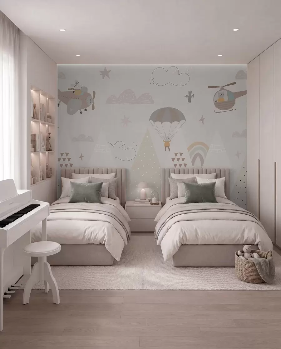 murales Montañas beige con helicóptero, avión y animales w00414