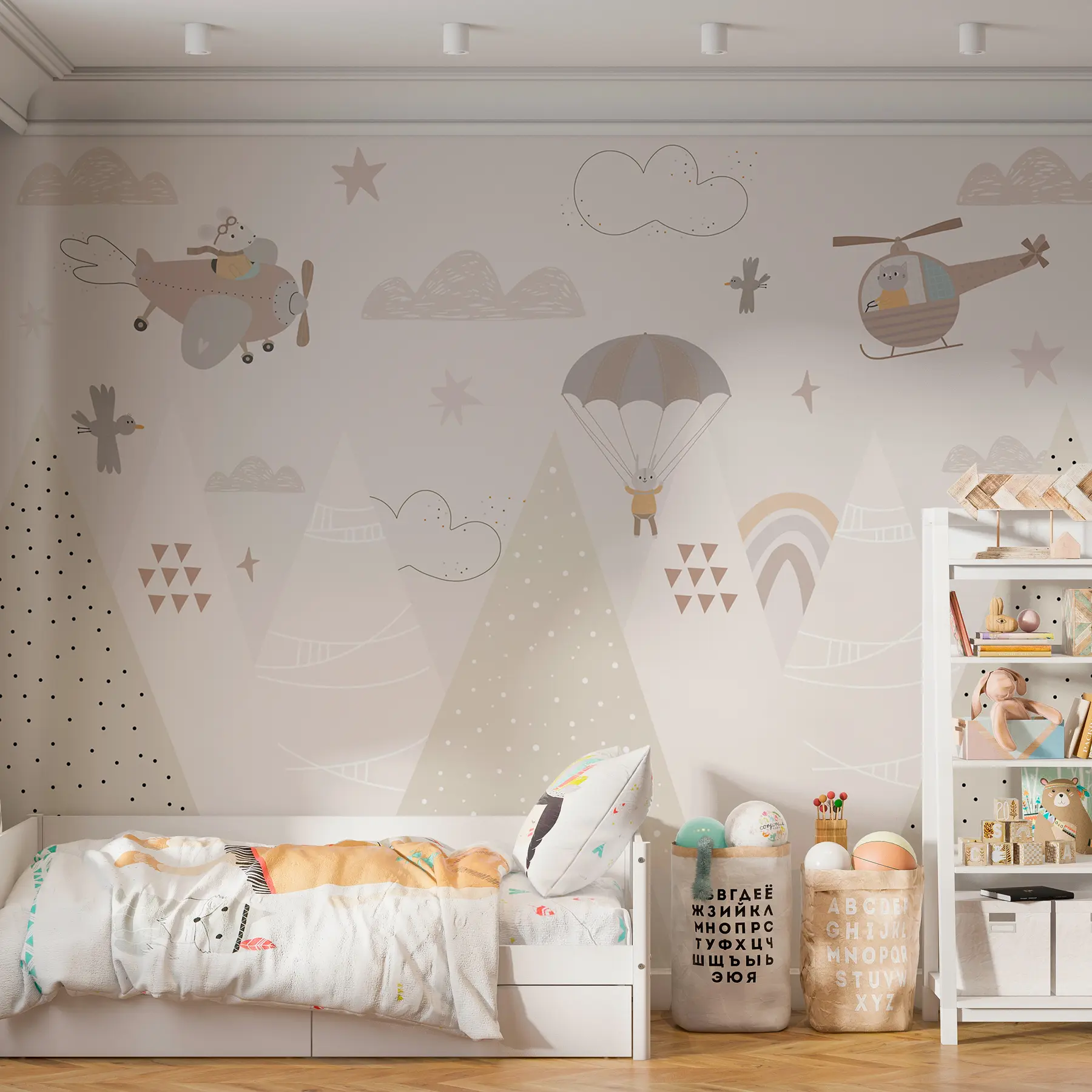 peintures murales Montagnes beiges avec hélicoptère, avion et animaux w00414